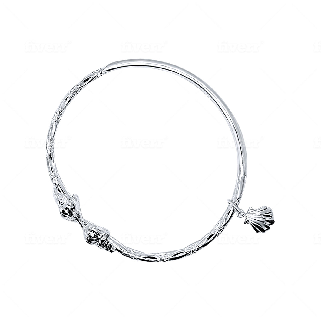 West Indian Conch Shell & Clam Charm Bangle  .925 Sterling Silver at .110 Thick